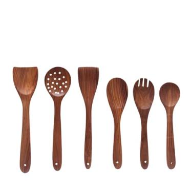 Imagem de LUCENTKART Conjunto de colheres de espátula de madeira para cozinhar e servir | Utensílios de espátulas de madeira teca para panelas antiaderentes e panelas (conjunto de 6)