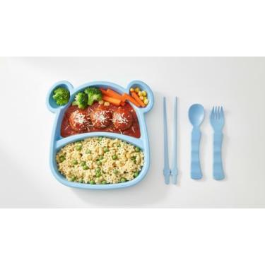 Imagem de Kit Alimentação Bebê Infantil Ursinho 5 Peças Azul – Prato, 2 palitos tipo Hashi,Talheres | Jantar Infantil | Conjunto para Bebê Antiderrapante