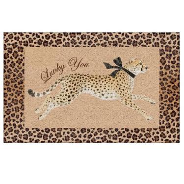 Imagem de YTRGI Tapete de leopardo para porta da frente, decoração moderna de leopardos, tapete de banho de leopardo para banheiro, laço preto, guepardo Lucky You, capacho de entrada ao ar livre, entrada