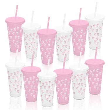 Imagem de HYMENEX 12 copos de plástico rosa, copos de laço rosa de 680 g com canudos e tampas para casamento, chá de bebê, decorações de festa de aniversário, lembrancinhas, artigos de festa de escritório em