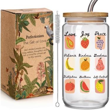 Imagem de Copo de vidro religioso cristão presentes para mulheres - amor alegria paz fruto do espírito, Natal inspirador Jesus católico espiritual 473 ml copo de vidro com tampa e canudo presentes para senhoras