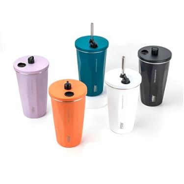 Imagem de Copo Térmico de Aço Inox, 600ml, Parede Dupla com Canudo, Isolamento a Vácuo, 16,5cm x 10,2cm, Conservação 8h Gelado e 3h Quente, Cor Azul