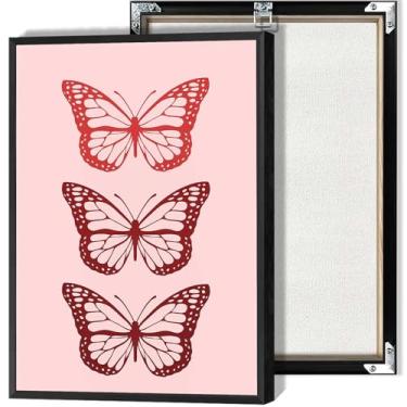 Imagem de Arte de parede em tela retrô vintage três borboletas vermelhas em um fundo rosa pôsteres retrô estampas descoladas estilo minimalista e elegante decoração de parede 30,5 x 40,6 cm sem moldura