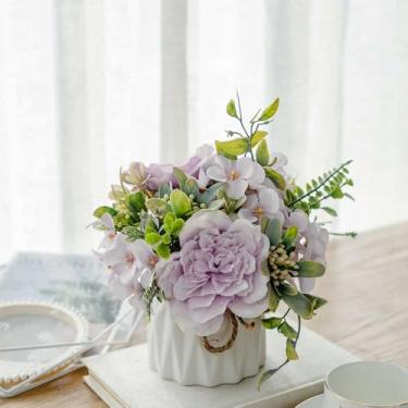 Imagem de TKAS Flores artificiais de seda falsa com vaso de cerâmica, buquês de rosas, arranjos florais falsos, decoração de plantas para mesa de centro de mesa, escritório, casamento (roxo)