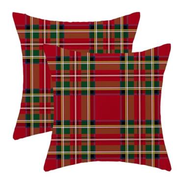 Imagem de AEIOAE Capas de almofada xadrez de Natal 40,6 x 40,6 cm Conjunto de 2 fronhas xadrez verde búfalo vermelho vinho verde búfalo xadrez, Natal, inverno, decoração de casa de fazenda, capas de almofada