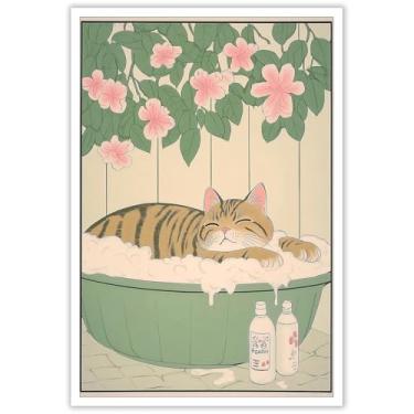Imagem de Pôster Estético de Gato Japonês Gato Tabby na Banheira Impressão Rústica Tela Japonesa Arte de Parede Flores Rosa Neutro e Folhas Verdes Imagem Banheiro Pintura Animal Bonito 30 x 40 cm Sem Moldura