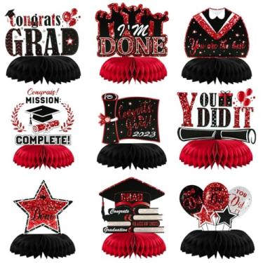 Imagem de 9 peças de centro de mesa de colmeia para festa de formatura, enfeite de mesa classe de 2023, decorações de festa vermelhas e pretas