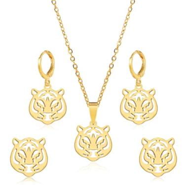 Imagem de QLYOVWE Conjunto de colar de brincos de cabeça de tigre dourado para mulheres e homens, punk, rei da floresta, animal, mascote, time de futebol, espírito, pingente, colar, joia da sorte, presente