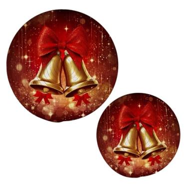 Imagem de Blueangle 2 peças de suporte de panela de trivet de sinos de Natal - conjunto de pegadores de panela de tecido redondo - almofadas quentes trançadas de algodão - porta-copos - tapetes de mesa para