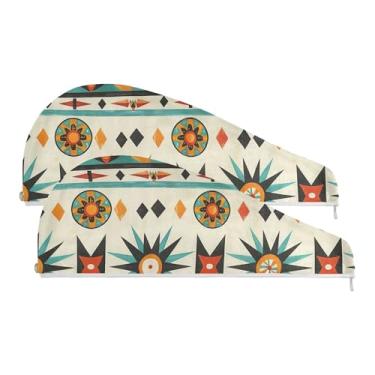 Imagem de SEHANY Toalha de cabelo de microfibra boêmia marrom vintage para mulheres, 2 peças, turbantes de cabelo de secagem rápida com botão, touca de cabelo seco absorvente toalha de secagem de cabelo para