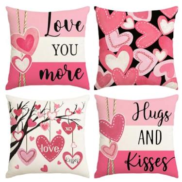 Imagem de RABUSOFA Capas de almofada de dia dos namorados 45,7 x 45,7 cm listras coração dos namorados abraços e beijos te amo mais capas de almofada decorações para sofá conjunto de 4 rosa