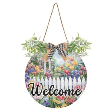 Imagem de SEHANY Placa de boas-vindas com flores de jardim, decoração de porta da frente, guirlanda de boas-vindas redonda para decoração de casa de fazenda, varanda, pátio, 30 x 30 cm