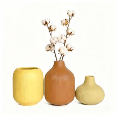 Imagem de NEBRYX Conjunto de 3 vasos de cerâmica Boho modernos e coloridos com textura canelada, decoração minimalista para mesa central, cozinha, sala de estar, prateleira de mesa, decoração de escritório