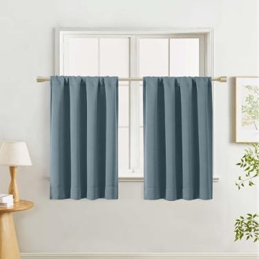 Imagem de Lecloud Cortinas de cozinha azul pedra 91 cm de comprimento 2 peças, cortinas curtas para escurecimento de ambiente com isolamento térmico, cortinas decorativas de casa de fazenda com bolso para varão