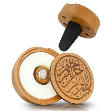 Imagem de Difusor de carro de inspiração islâmica - Cartucho de madeira natural e cera natural - gravado com Bismillah Al Rahman Al Rahim - Inclui dois aromas (jasmim e laranja) - reutilizável com óleos