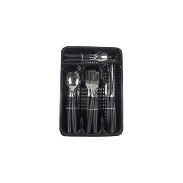 Imagem de Conjunto de Talheres em Aço Inox Preto, 25 Peças, com Porta Talher, Cabos em Polipropileno, para Casa e Restaurante