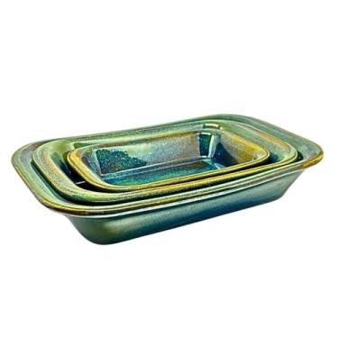 Imagem de Kit 3 Travessas Refratárias Assadeira Cerâmica Retangular Multiuso para Servir, Forno, Micro-ondas - E-FCS Store (Verde Reactive)