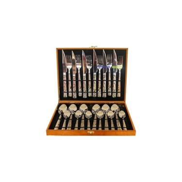 Imagem de Conjunto de Talheres 24 Peças em Aço Inoxidável com Maleta Marrom, Acabamento Espelhado, 6 Colheres de Mesa, 6 Garfos, 6 Facas, 6 Colheres de Sobremesa