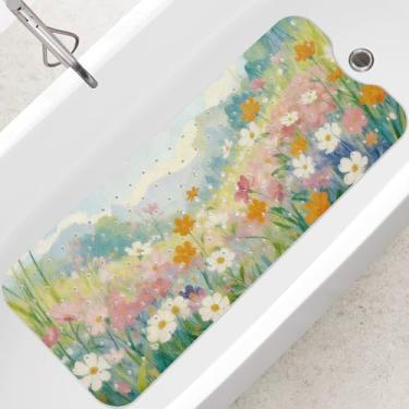 Imagem de SHUCHING Tapete de banho adulto para banheira antiderrapante 101 x 40 cm, tapete de banheira extralongo antiderrapante, tapete de chuveiro para banheiro, sem mofo, lavável na máquina, flores