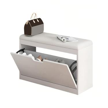 Imagem de uhyOHF Banco moderno de armazenamento de sapatos, banco de entrada com almofada, bancos pequenos para espaços pequenos, para sapateira de entrada para quarto, corredor, sala de estar, 48 cm A (branco