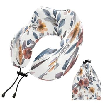 Imagem de CEBUGI Travesseiros de viagem portáteis em forma de U, travesseiro de pescoço de espuma viscoelástica com trava de corda ajustável para avião, viagem, trem, negócios, escritório, soneca (floral)