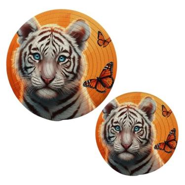 Imagem de Wassud Trivet de tigre branco para pratos quentes suportes de panela redondos de algodão almofadas quentes elegantes porta-copos decoração de cozinha e acessórios, 2 peças