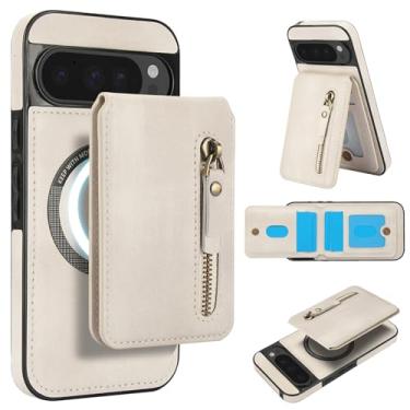 Imagem de Carteira removível compatível com carregamento sem fio Magsafe para Google Pixel 9 Pro com suporte para cartão, bolso com zíper, suporte 2 em 1 capa à prova de choque (branca)