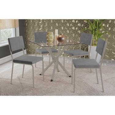 Imagem de Conjunto: Mesa Sala Jantar Volga C- Tampo De Vidro 90cm E 4 Cadeiras Zaria Niquel - Suede Cinza - Kappesberg