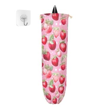 Imagem de Suporte de saco plástico rosa de morango em aquarela com gancho, suporte de saco de plástico, organizador de sacolas plásticas de cozinha