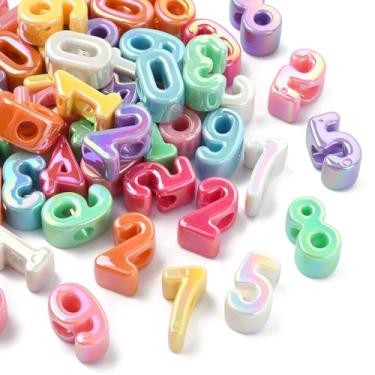 Imagem de LiQunSweet 50 peças, 10 estilos, números iridescentes 0-9, contas europeias de acrílico 6 mm, espaçador de orifício grande para joias faça você mesmo, pulseira, colar, brinco, bolsa, chaveiro
