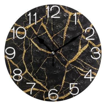 Imagem de GAIGEO Relógio de parede preto dourado rachado analógico decorativo relógio de cozinha bonito operado por bateria, arte de parede boho decoração de casa, 25 cm, ponteiros pretos