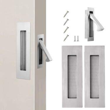 Imagem de Vancoho Conjunto de puxador de porta e borda de bolso de aço inoxidável, puxador de porta deslizante embutido para porta de celeiro deslizante retangular (aço escovado, pacote com 3)