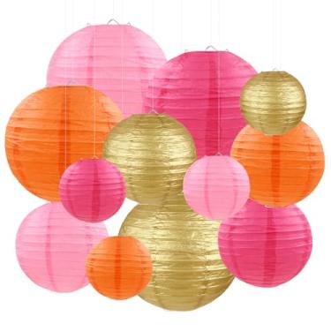 Imagem de FUGUIR Lanternas de papel rosa laranja dourado decorações de festa, lanternas de papel redondas penduradas para casamento, aniversário, casa, sala de aula, artigos de festa (12 peças)