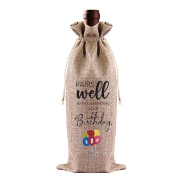 Imagem de Sudaporn Bolsa de presente de vinho de feliz aniversário para decoração de festa de aniversário, sacos de garrafa de vinho com cordão, presente de aniversário para amigos, família, presentes de dia do