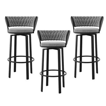 Imagem de Banqueta de balcão, banco de bar moderno de veludo, conjunto de 3, bancos de bar giratórios com encosto e apoio para os pés, bancos de veludo para restaurantes da ilha da cozinha