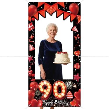 Imagem de Banner de aniversário de 90 anos balão de lantejoulas com glitter vermelho cenário para fotografia de festa de aniversário brilhante moldura de banner rosto no buraco adereços de foto fundo de selfie