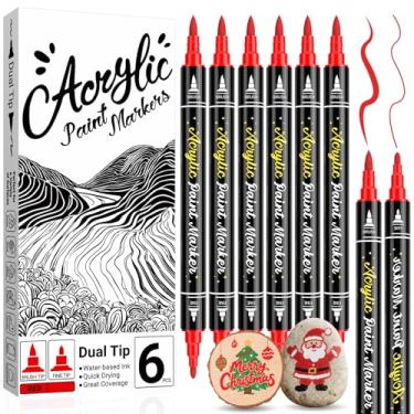 Imagem de AKARUED Marcador de tinta vermelha para pedras: pacote com 6 canetas de tinta acrílica vermelha, ponta dupla (fina e pincel), não tóxicas, marcadores acrílicos à base de água para pintura em madeira