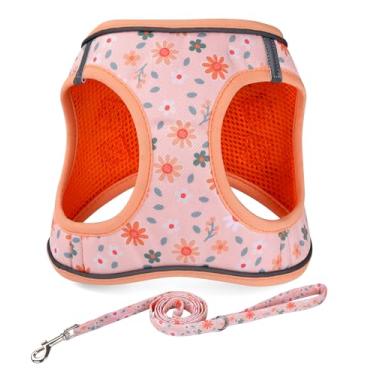 Imagem de Mihqy Step in Conjunto de coleira e coleira para cães, refletivo, ajustável, antipuxão, para cães pequenos, médios e gatos, colete de malha acolchoada macia para meninas e meninos (floral laranja, G)