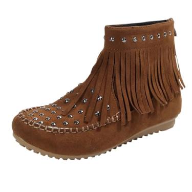 Imagem de Botas femininas casuais de inverno confortáveis cano baixo, com borla, bico redondo, salto baixo, salto grosso, Marrom, 35