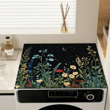 Imagem de Capas superiores de lavadora e secadora de flores silvestres pretas, capa antiderrapante para máquina de lavar roupa, protetor à prova de poeira, almofada de cobertura para lavanderia, cozinha, 60 x