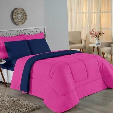 Imagem de Kit Edredom Dupla Face + Jogo De Lençol Casal Viúva Nobre 6 Peças Malha 100% Algodão - Pink / Azul-marinho