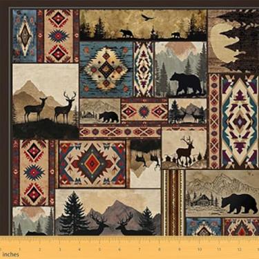 Imagem de Feelyou Tecido rústico de cabana por The Yard Lodge Tecido de estofamento de veado urso para costura, artesanato, tribal, sudoeste, impermeável, decoração interna e externa para projetos de bricolage