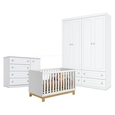 Imagem de Quarto De Bebê Americano 4 Portas Com Berço Americano Mini Cama Q Encanto Slim Branco Acetinado - Qmovi - Henn