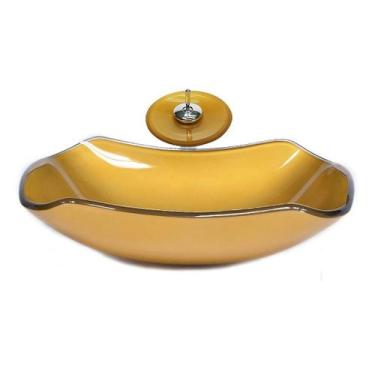 Imagem de Cuba de vidro abaulada 45cm dourado real + valvula + torneira cascata 