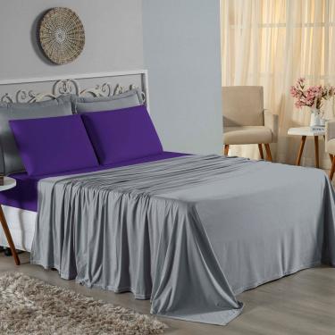 Imagem de Jogo De Cama King Nobre 4 Peças Lençol Com Elástico De 30cm De Altura Malha 100% Algodão - Cinza / Roxo