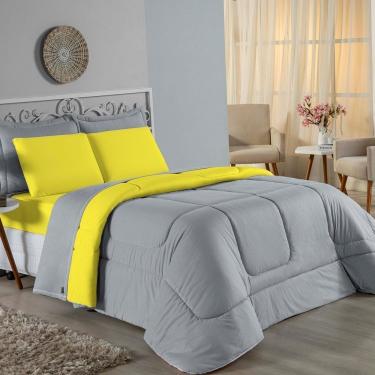 Imagem de Edredom King Nobre 1 Peça Dupla Face 2,50m X 2,90m Malha 100% Algodão - Cinza / Amarelo