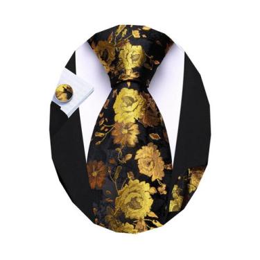 Imagem de Conjunto de gravatas Barry.Wang Black Gold Floral Silk 150cm