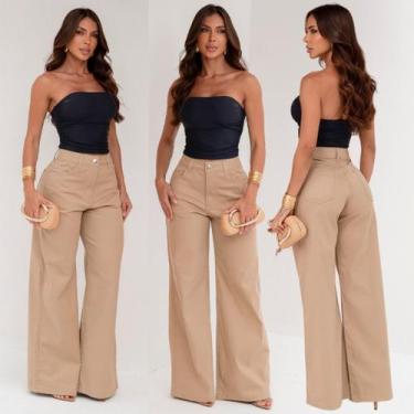 Imagem de Calça Wide Leg Feminina Sarja Cintura Alta Alfaiataria Conforto Elasta