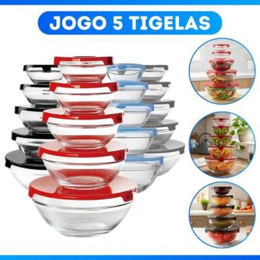 Imagem de Conjunto 5 Potes Vidro Com Tampa Jogo De Vasilhas Tigelas Armazenament
