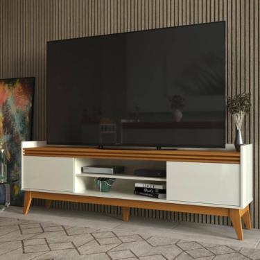 Imagem de Rack Astúrias Para TV até 80 Polegadas Ripado 180 cm 2 Portas  e 2 Prateleiras Design Moderno Preto e Cedro